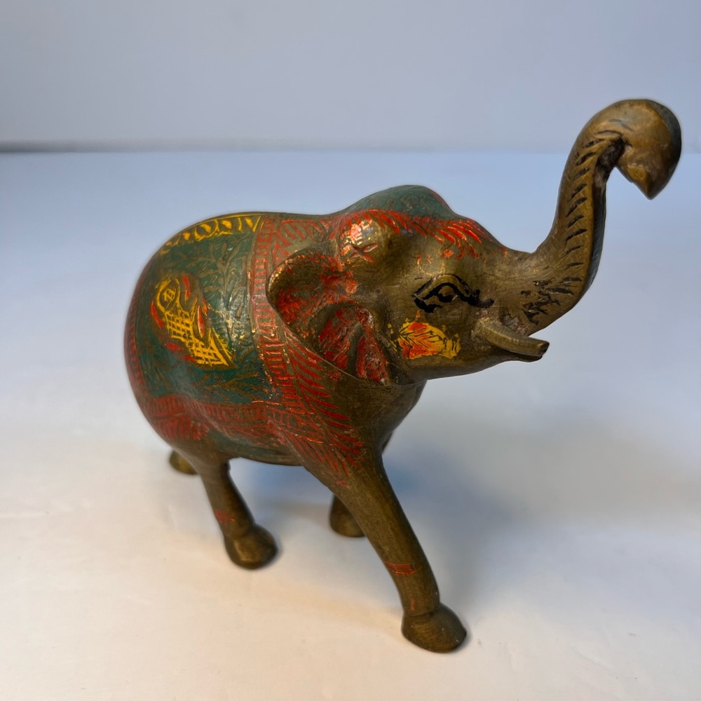 Vintage Brass Hand Painted Elephant Good Luck Figurine Trunk Up‎ Figure India